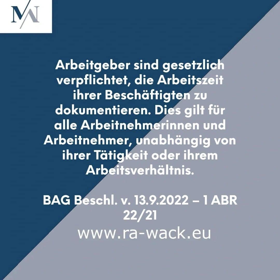 Eine Informationsgrafik enthält einen Text in deutscher Sprache über die Pflichten des Arbeitgebers, die Arbeitszeit der Mitarbeiter zu dokumentieren. Der Hintergrund ist diagonal zwischen Dunkelblau und Hellgrau aufgeteilt. In der oberen linken Ecke befindet sich ein Logo mit den Initialen „MN“, darunter „Rechtsanwalt“ und unten die URL der Website, www.ra-wack.eu.