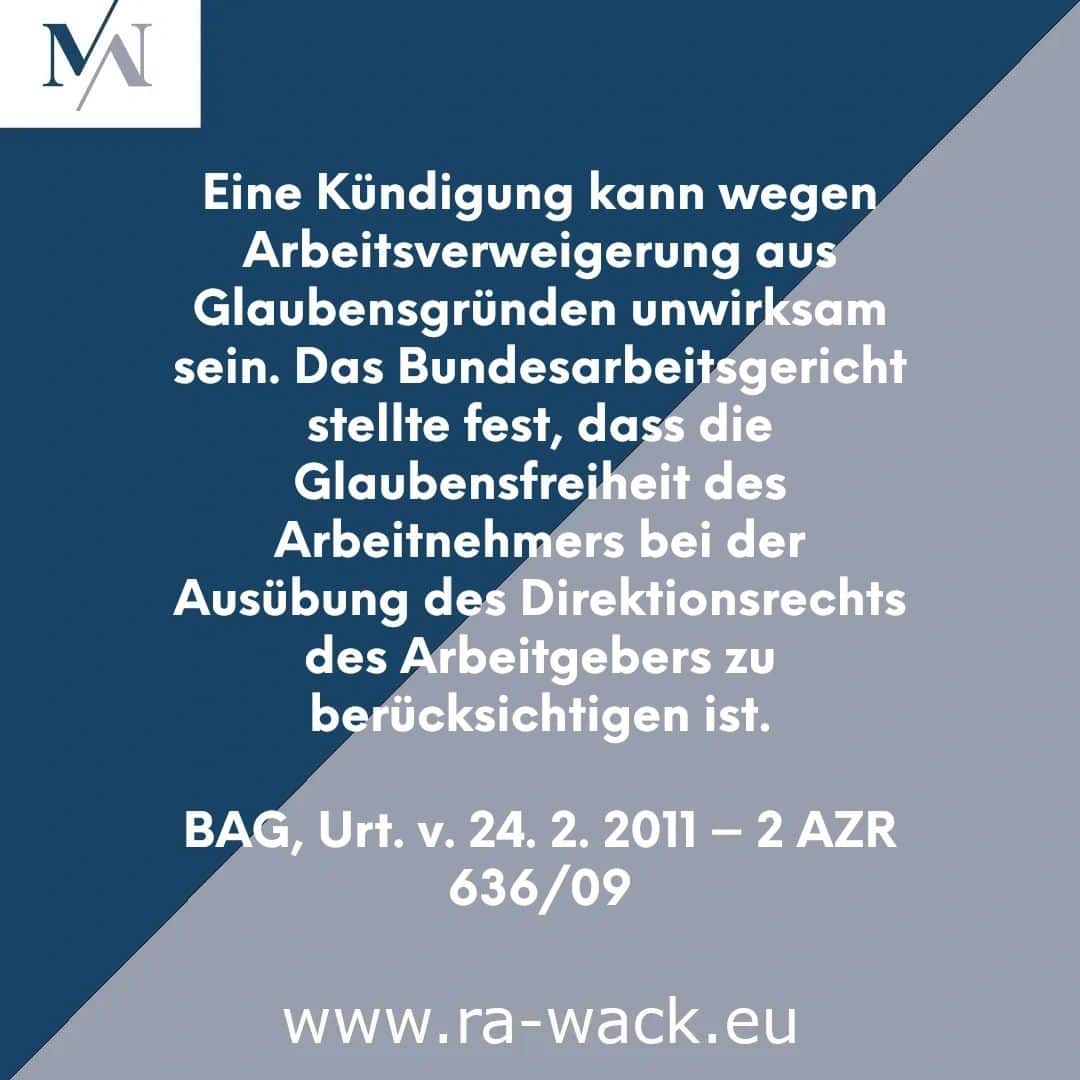 Eine blau-graue Grafik zeigt ein Zitat in deutscher Sprache, in dem es um die Kündigung eines Arbeitsverhältnisses aus religiösen Gründen geht. Es enthält ein Urteil des Bundesarbeitsgerichts und zitiert den Fall BAG, Urt. v. 24. 2. 2011 – 2 AZR 636/09. Unten ist eine Webadresse angegeben: www.rechtsanwalt-wack.eu.