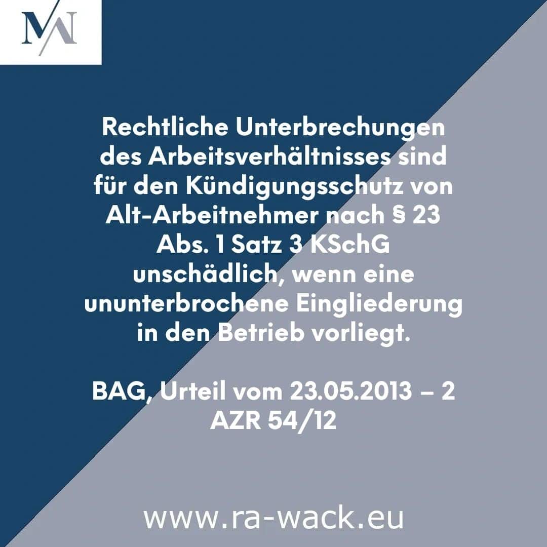 Eine informative Grafik enthält einen deutschen Text, der die rechtlichen Bedingungen für die Kündigungsregelungen für leitende Angestellte erläutert. Die Website www.ra-wack.eu, die mit einem Rechtsanwalt verknüpft ist, wird unten erwähnt. Der Hintergrund ist marineblau und grau mit einem Logo mit einem „N“ und einem „W“ in der oberen linken Ecke.