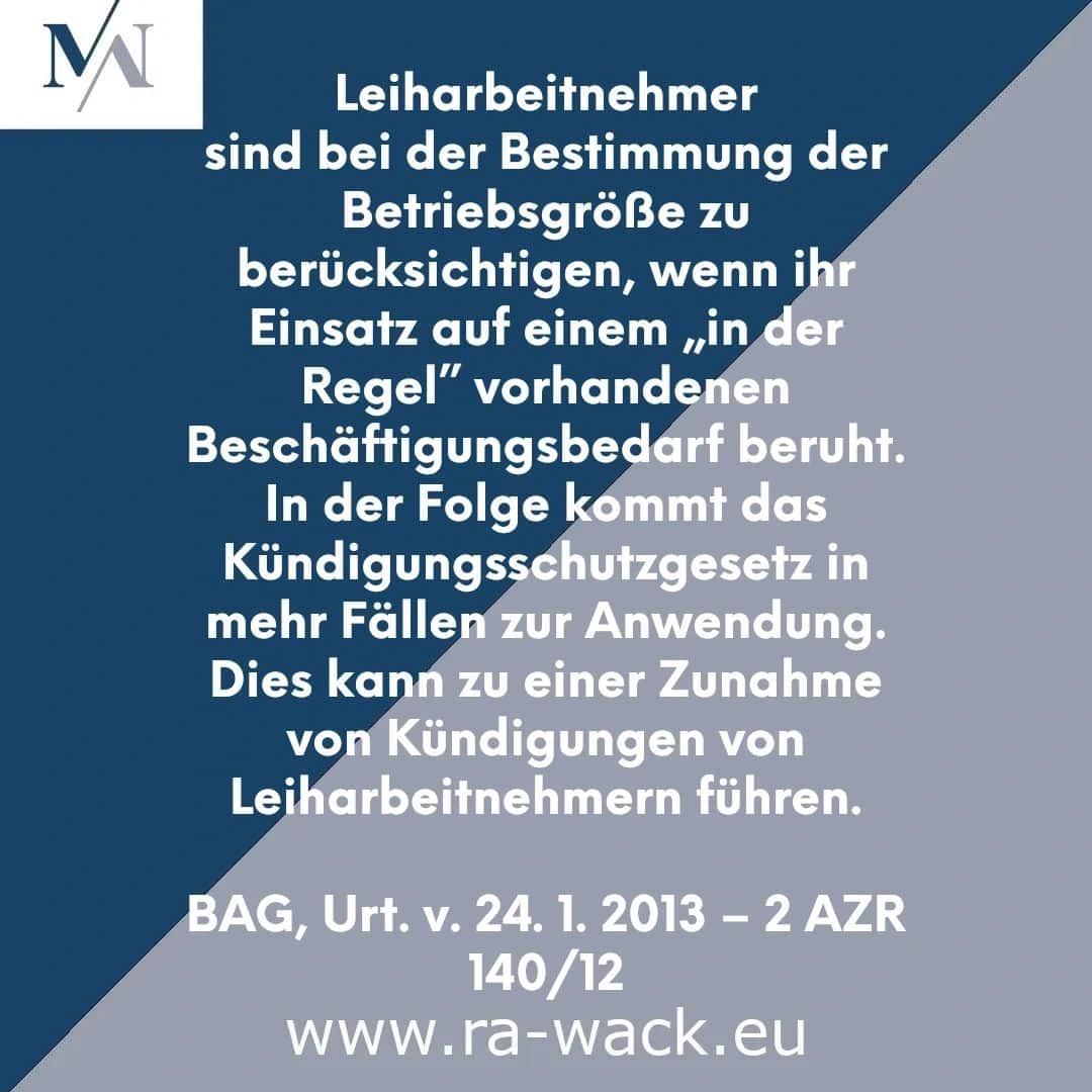 Ein Flyer mit Text in Deutsch auf blauem Hintergrund. Oben links ist ein Logo zu sehen, das aus einem stilisierten „M“ und „N“ in einem weißen Quadrat besteht. Der Haupttext, der von einem Rechtsanwalt verfasst wurde, befasst sich mit den Regeln für Leiharbeiter und den Überlegungen des Arbeitgebers hinsichtlich der Betriebsgröße. Unten ist eine Webadresse angegeben: www.ra-wack.eu.