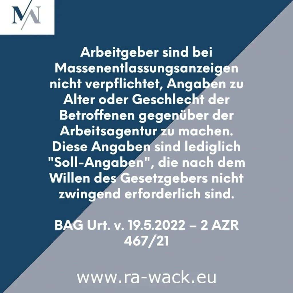 Ein Bild mit blauem und grauem Hintergrund, auf dem ein deutscher Text die Anforderungen des Arbeitgebers an Massenentlassungsanzeigen erläutert, darunter das BAG-Urteil vom 19. Mai 2022 und die Website-Adresse „www.ra-wack.eu“. In der oberen linken Ecke befindet sich ein weißes Rechteck mit einem „M“- und „N“-Logo von Rechtsanwalt.